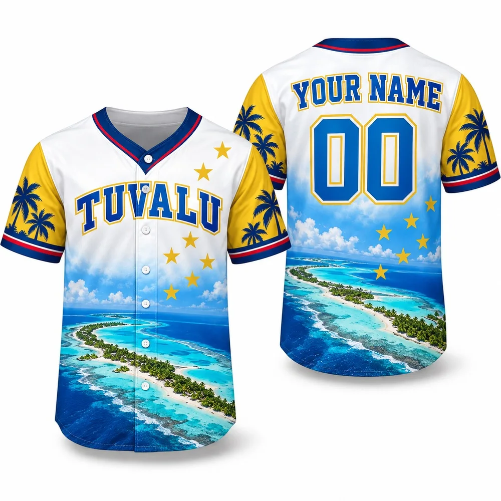 Tuvalu Lagoon Jerseys Shirt with Golden Stars Custom Baseball Jersey Island Print Name Number for Tropical Unisex Shirts