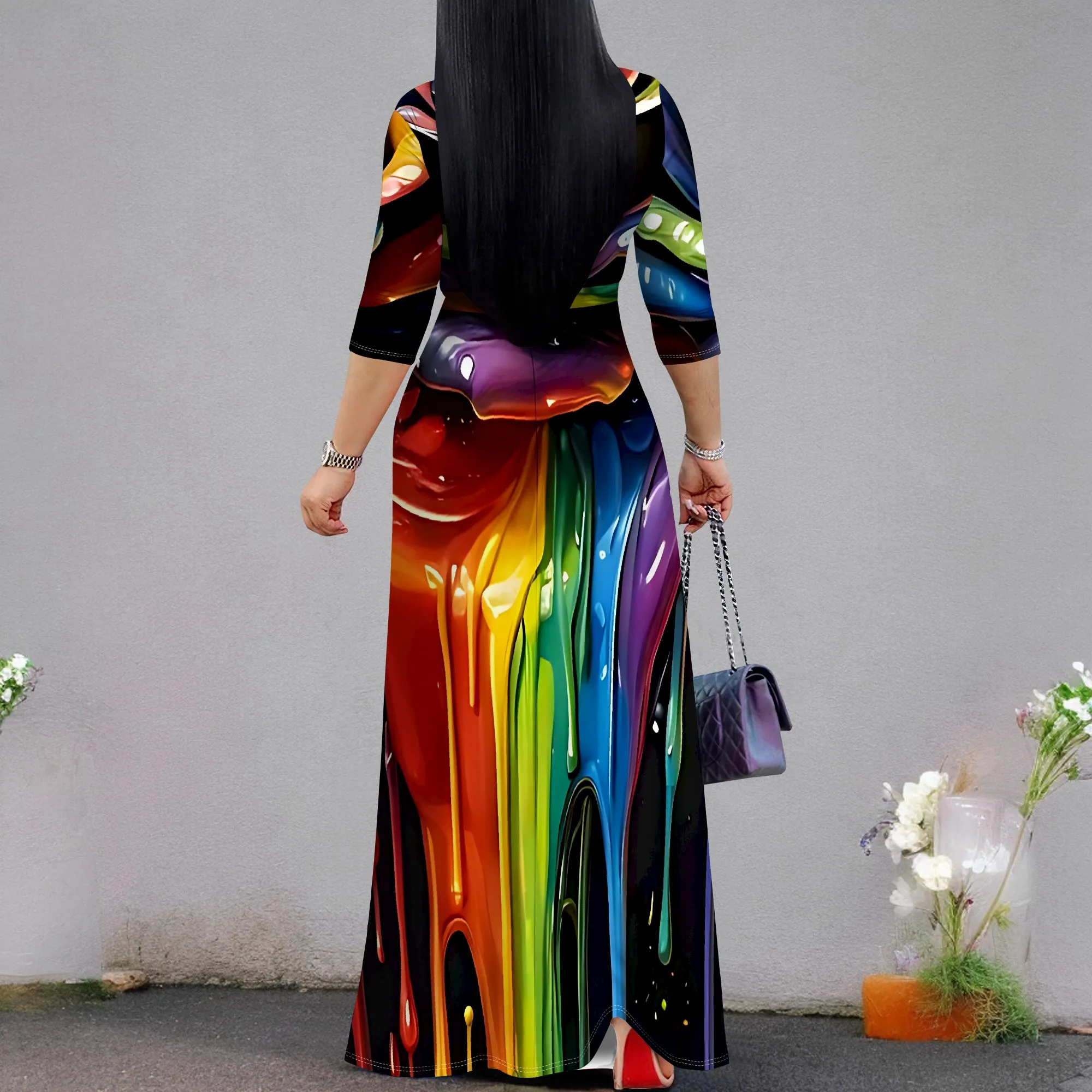 Seksowna sukienka damska z krótkim rękawem i dekoltem w szpic Boho Long Dress Fashion Printed Split Hem Club Party Casual Vacation Maxi Dress