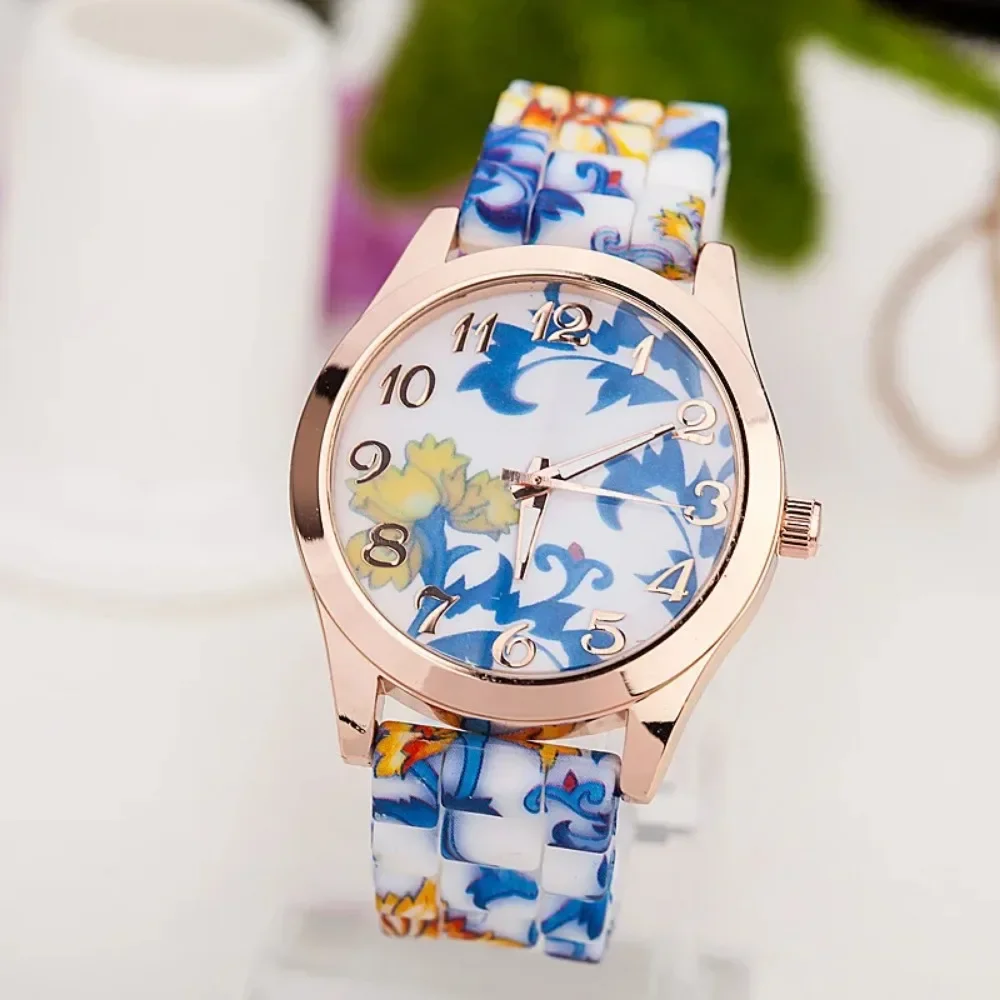 Casual Watch Printed Silicone Strap Clock Luxury Quartz Ladies Watches Women Flower Pattern Multi Color Wristwatch Montre Femme