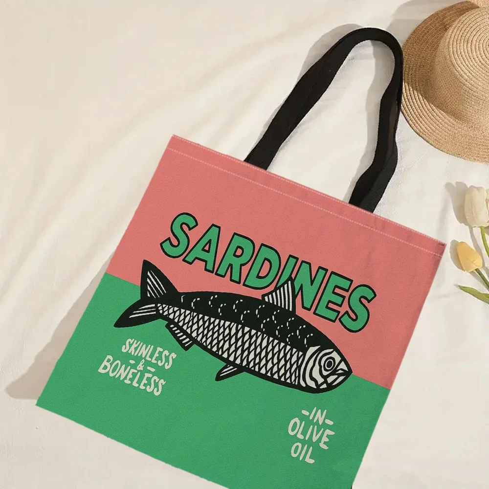 Bunte, trendige Sardinen-Druck-Freizeithandtasche, wiederverwendbarer modischer Rucksack, multifunktionale Einkaufstasche, Polyester-Einkaufstasche – Detail 21