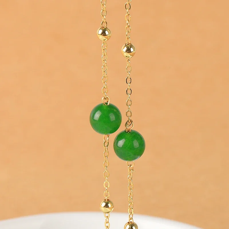 14K Yellow Gold Injection Jade Bead Station Necklace Luxury Jewelry