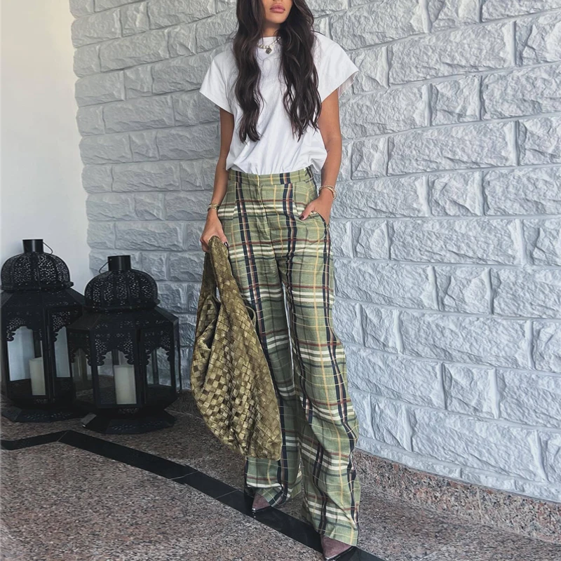 MUJER Plaid Wide Leg Pants for Women Mid Waist Loose Pants Woman Streetwear Casual Women's Pants Holiday Vintage Trousers Womens
