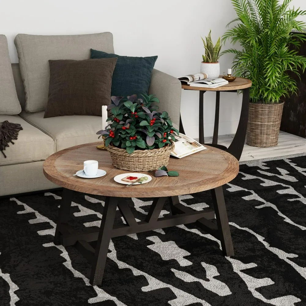 A modern circular rustic farmhouse coffee table with a geometric base, suitable for families, dining rooms, or living rooms