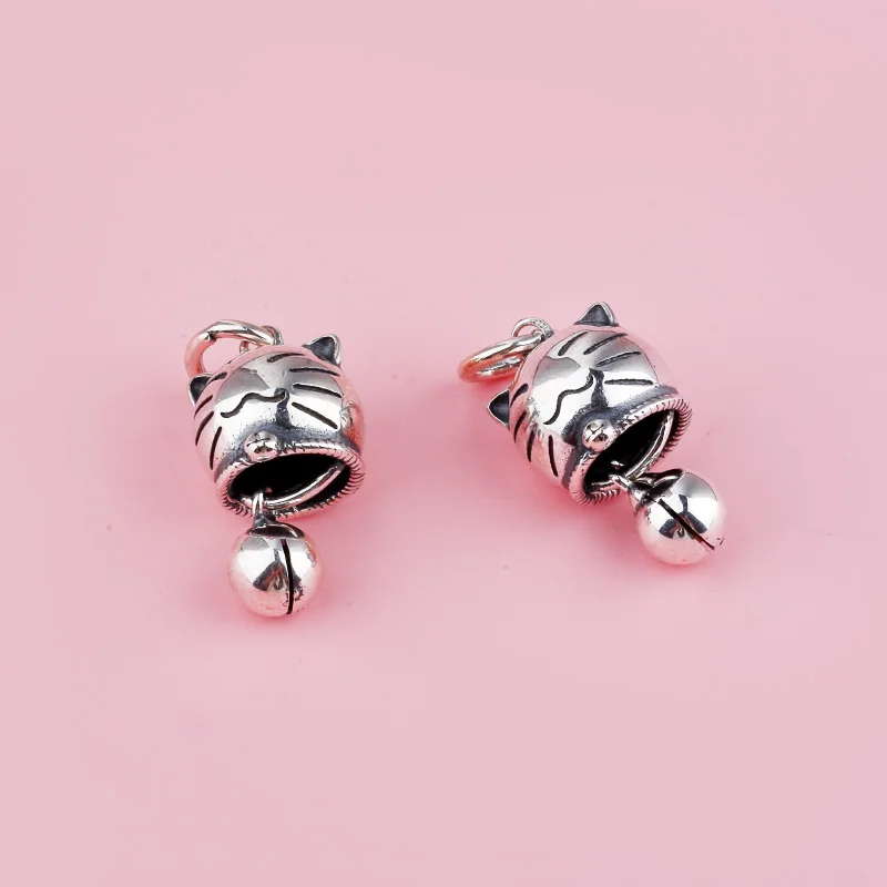 S925 pure silver vintage lucky cat bell pendant handmade weaving DIY accessory