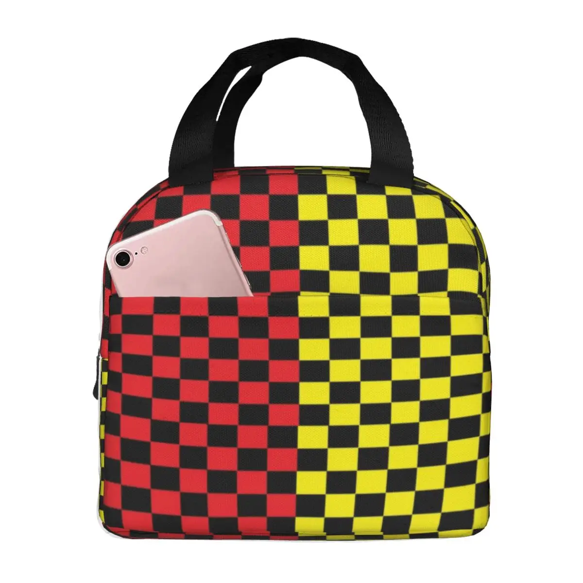 Checkerboard Red And Yellow And Black Checkered Pattern Portable Lunch Boxes Women Cooler Thermal Food Insulated Lunch Bag
