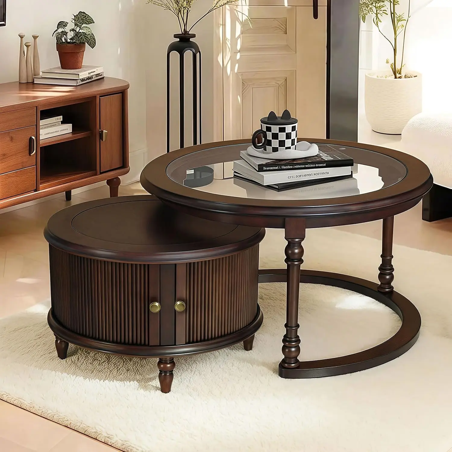 Round Glass Wood Nesting Coffee Table With Storage For Living Room Small Space Apartment 31.5