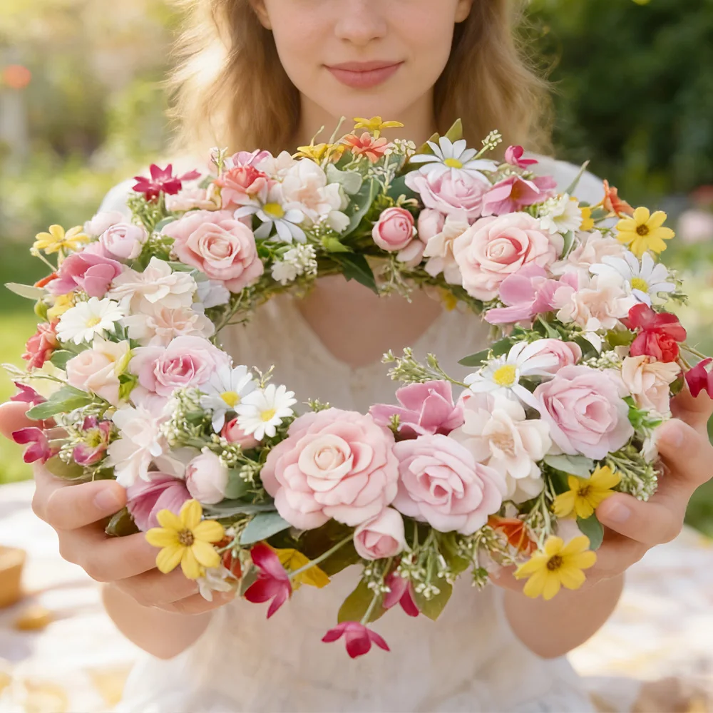 

Pink Rose & Daisy Wreath, Artificial Flower Spring Door Hanger for Home Decor
