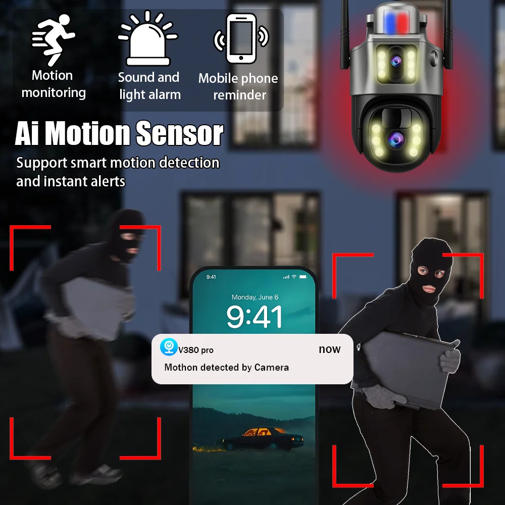 V380 Solar Built-in Battery Surveillance Camera Outdoor Waterproof IP66 8MP 4K Dual Lens Wireless IP Security CCTV Camera