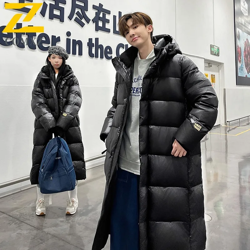 COMXZ Men Long Down Jacket Outdoor Travel Thickened Warm Parka Knee Length Design Cold Resistant Lightweight Winter Coat
