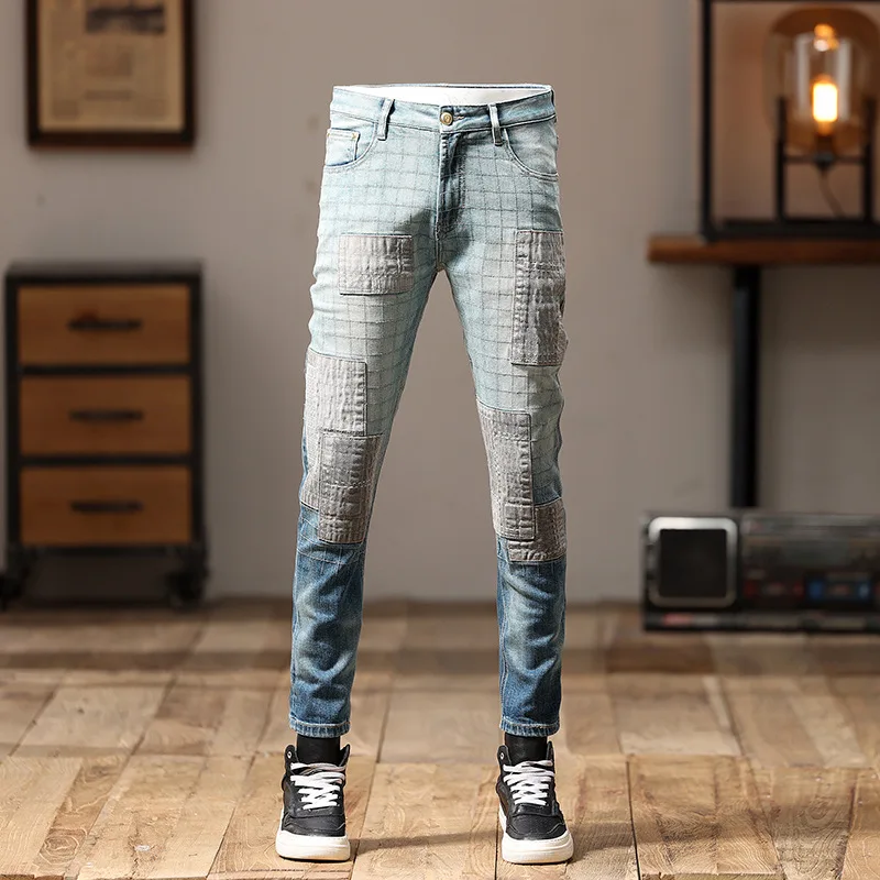 

Motorcycle Jeans Men's High-End Stitching Design Fashionable All-Match Patch Gradient Color Retro Fashion Haulage Motor Trousers