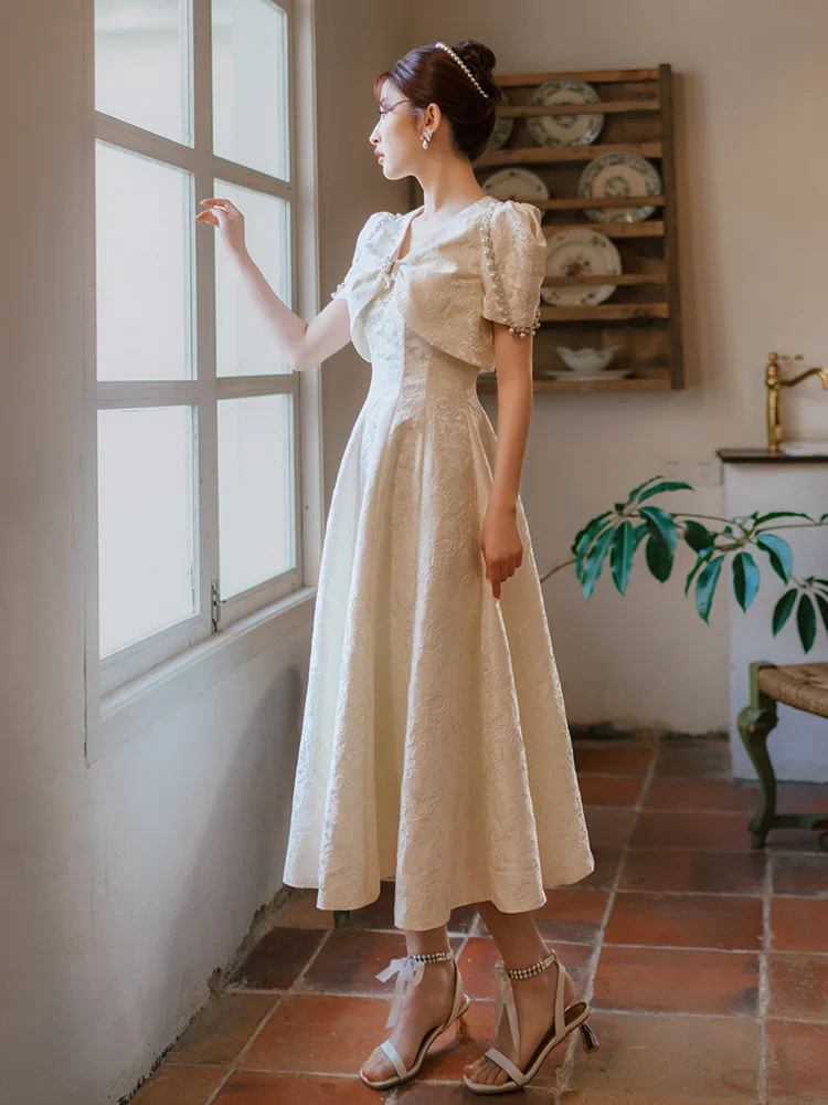 Vestido Formal con estampado de satén blanco, chal de cuentas de lujo, manga abullonada, vestidos de fiesta de boda, vestido de graduación de línea a, largo de té Delgado