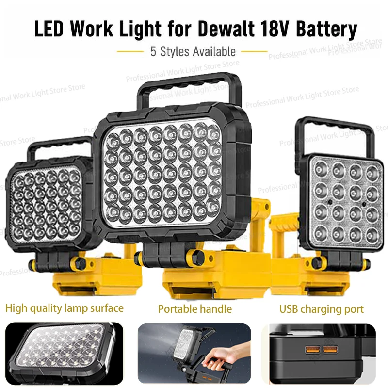 

LED Work Light Compatible with Dewalt 18v Battery Cordless Flood Light with USB Charging Port Portable Outdoor Flashlights