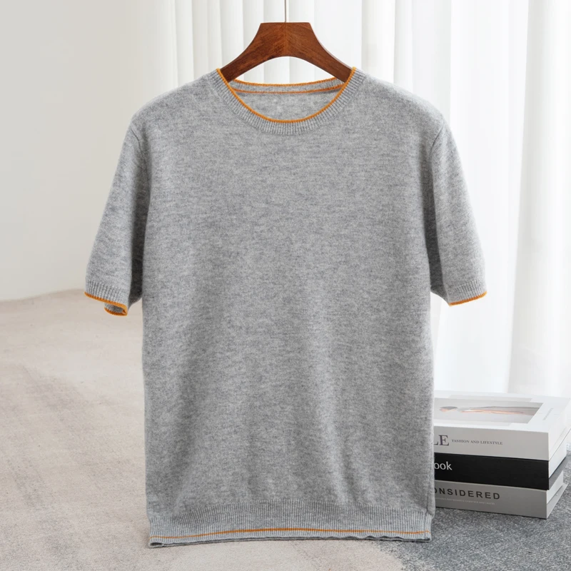 Men\'s T-shirt 2024 Summer New Knitted Tank Top Fashion Color Block Round Neck Pullover Sweater 100% Pure Wool Short sleeved