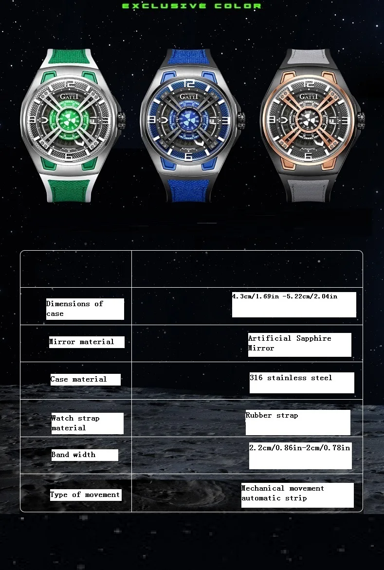 BONEST GATTI herenhorloge Valentijnsdag cadeau voor je vriend: Volautomatisch skelet mechanisch horloge Lichtgevend herenhorloge