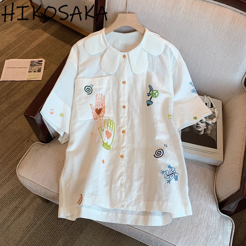 

Kawaii Peter Pan Collar Cartoon Print Casual Shirts Single Breasted Short Sleeve Blouse Women Summer Fresh Sweet Blusas Mujer