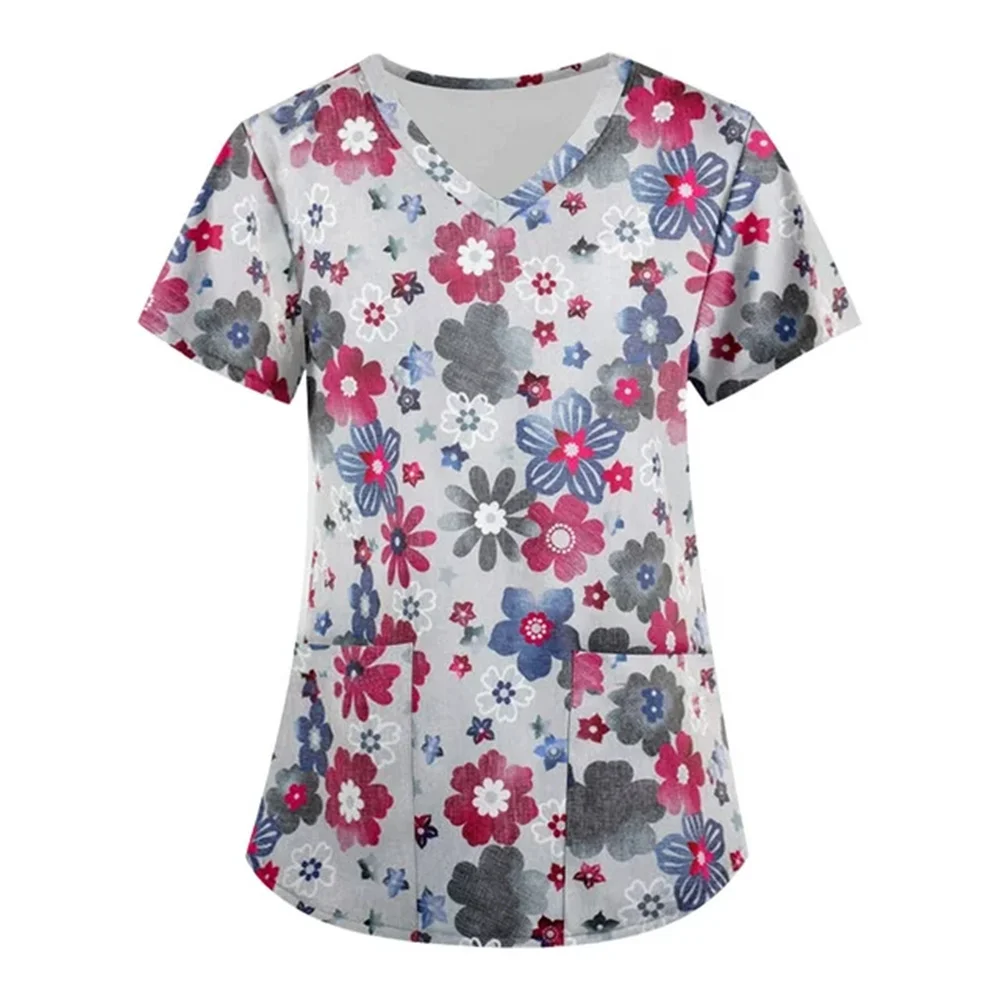 Women's T-Shirt Slim Floral Print Top V-Neck Female Veterinary Nurse Uniform Short-Sleeved Double Pocket Stretch V Neck Scrub