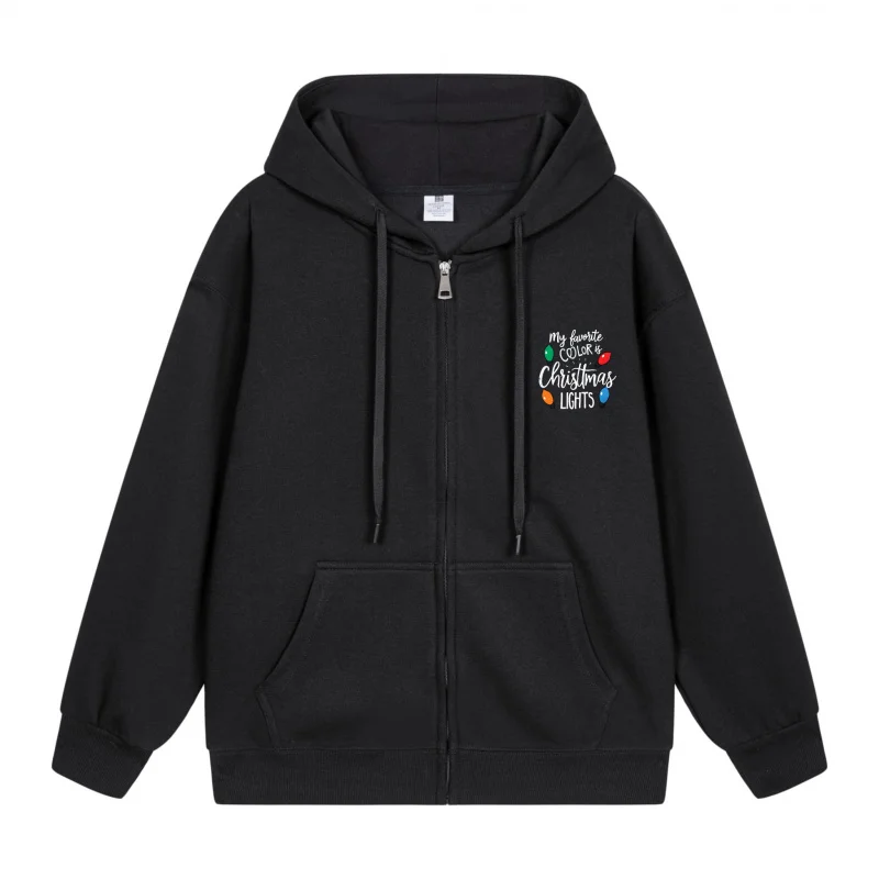 

Men's Zip-Up Hoodie Black Hoodie Black Hoodie With Colorful Christmas Lights Print Design Christmas in 2025 Festive Print
