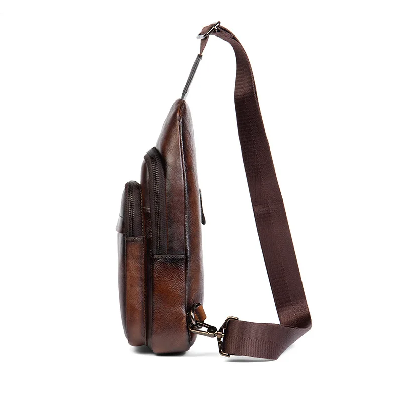 Bolsa de Peito de Couro Vintage Full Cowhide Grain para homens, casual, alta planta, bronzeada, sling de ombro masculino, tiracolo, T202