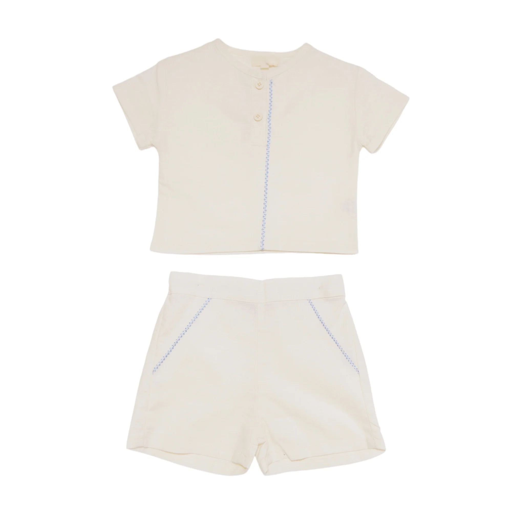 Atmungsaktives Baumwoll-Zweiteiler-Set für Jungen, blau mit Kontrastnähten, Oberteil und Shorts mit elastischem Bund, Kleinkind-Baby-Set für den Sommer