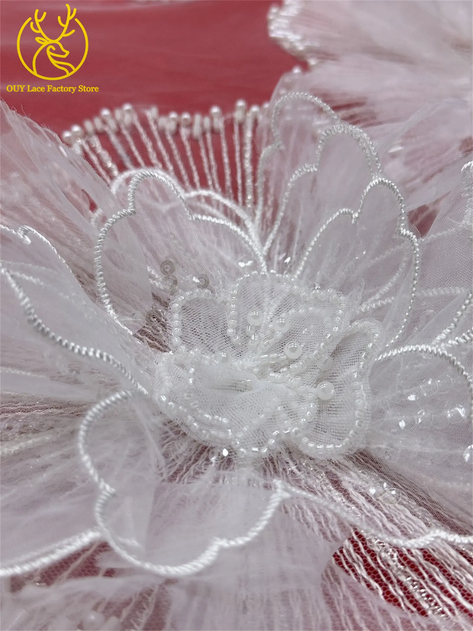 Hochwertige Exquisite 3D-Stickerei Blumen-Tüllspitze Hochwertige Afrikanische Perlen-Pailletten-Spitze Französischer Tüll Hochzeitskleid-Stoff – Detail 12