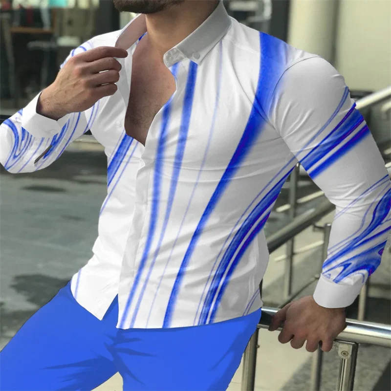 Camisa de manga larga a cuadros para hombre, camiseta informal con botones y solapa, color azul, a la moda, para primavera y verano, novedad de 2023