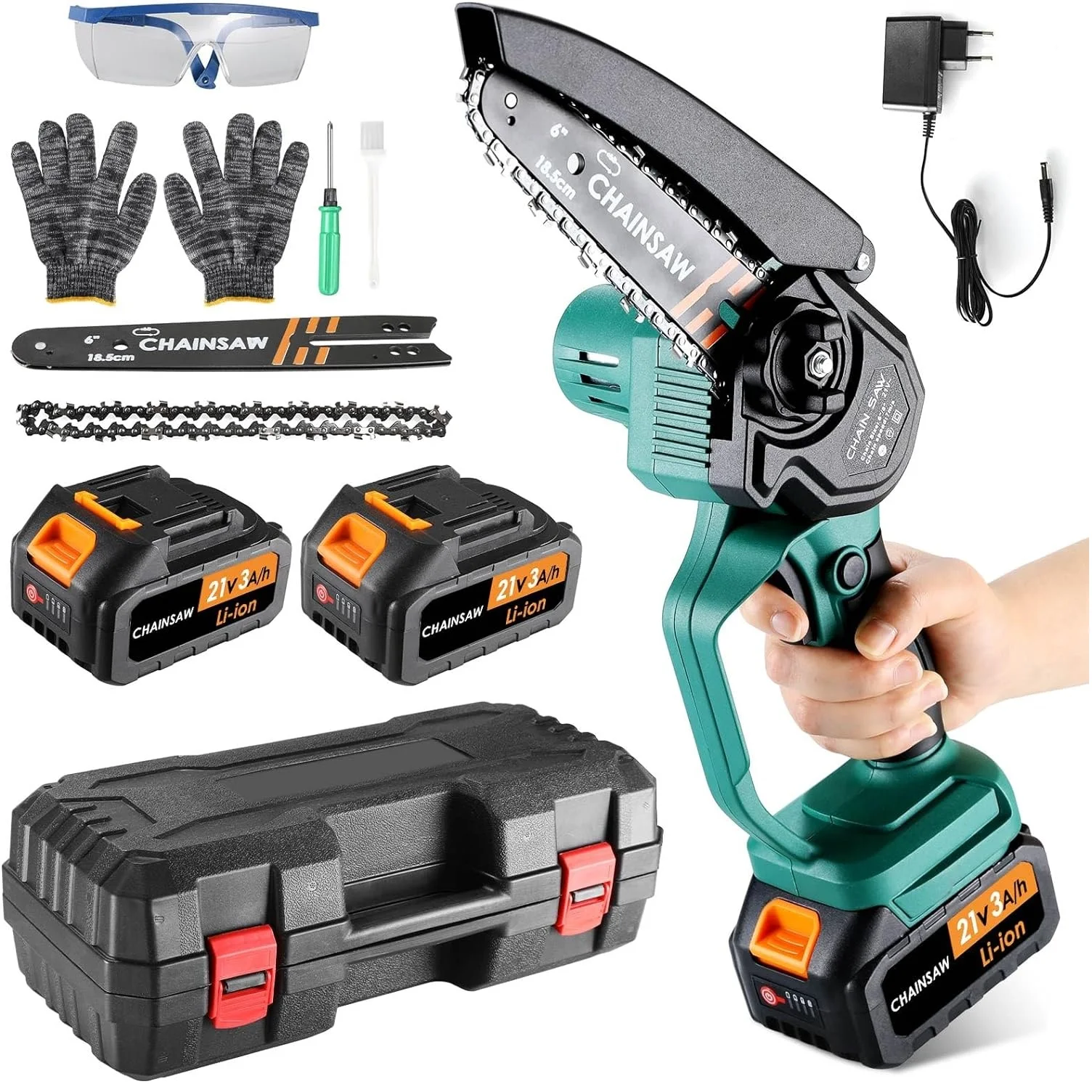 Mini Chainsaw, 6 inch Electric Chainsaw Cordless，2* 21V Batteries, Handheld Chain saw for Trees Branches Trimming Wood Cutting