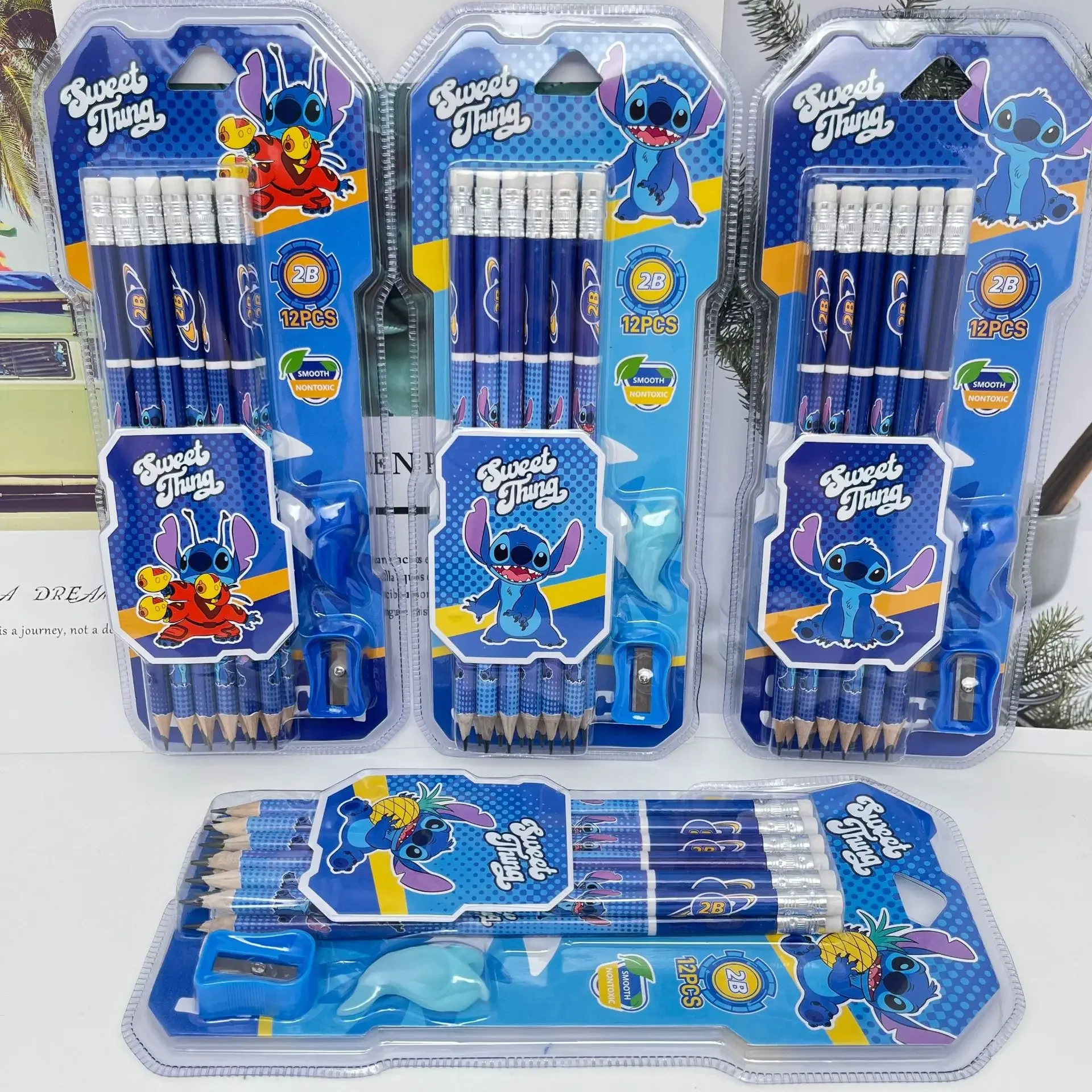 

Disney Stitch Pencil Mini Sharpener Grip Pen Corrector Set 12pcs 2B Wood Pencils with Eraser Kid Stationery School Supplies Gift