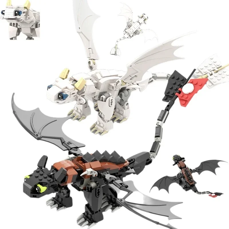 MOC Mattoni Anime Film Drago Volante Senza Denti Drago Bianco Nero Coppia Doppio Drago Personaggio Assemblaggio Modello Animale Giocattolo Regalo