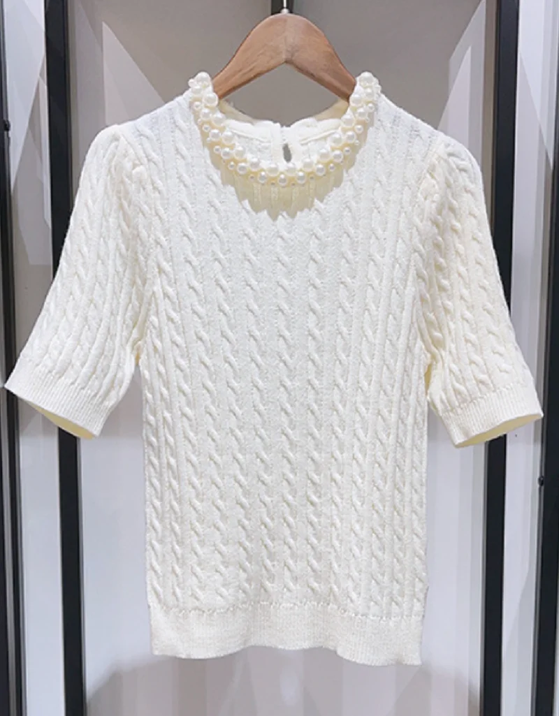 High Quality New Sweaters 2024 Autumn Winter Pullovers Ladies Pearl Beading Deco Short Sleeve Casual Grey Beige Black Jumpers