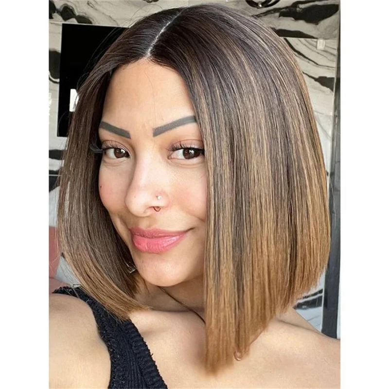 Honey Blonde Highlighted HD Lace Wig for Women Dark Brown Color Synthetic Hair High Quality Futura Bob Wig Glueless Ladies Wig