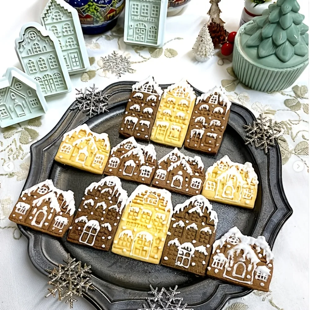 4-teiliges Lebkuchenhaus-Ausstechformen-Set, 3D-geprägte Stadthaus-Keksausstecher für Weihnachtsbacken, Kuchen und Festtagsleckereien – Detail 1