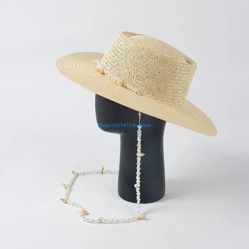 

P88B Womens Straw Sun Hat 3.3in Wide Brim Beach Hat Beaded String Summer Hat