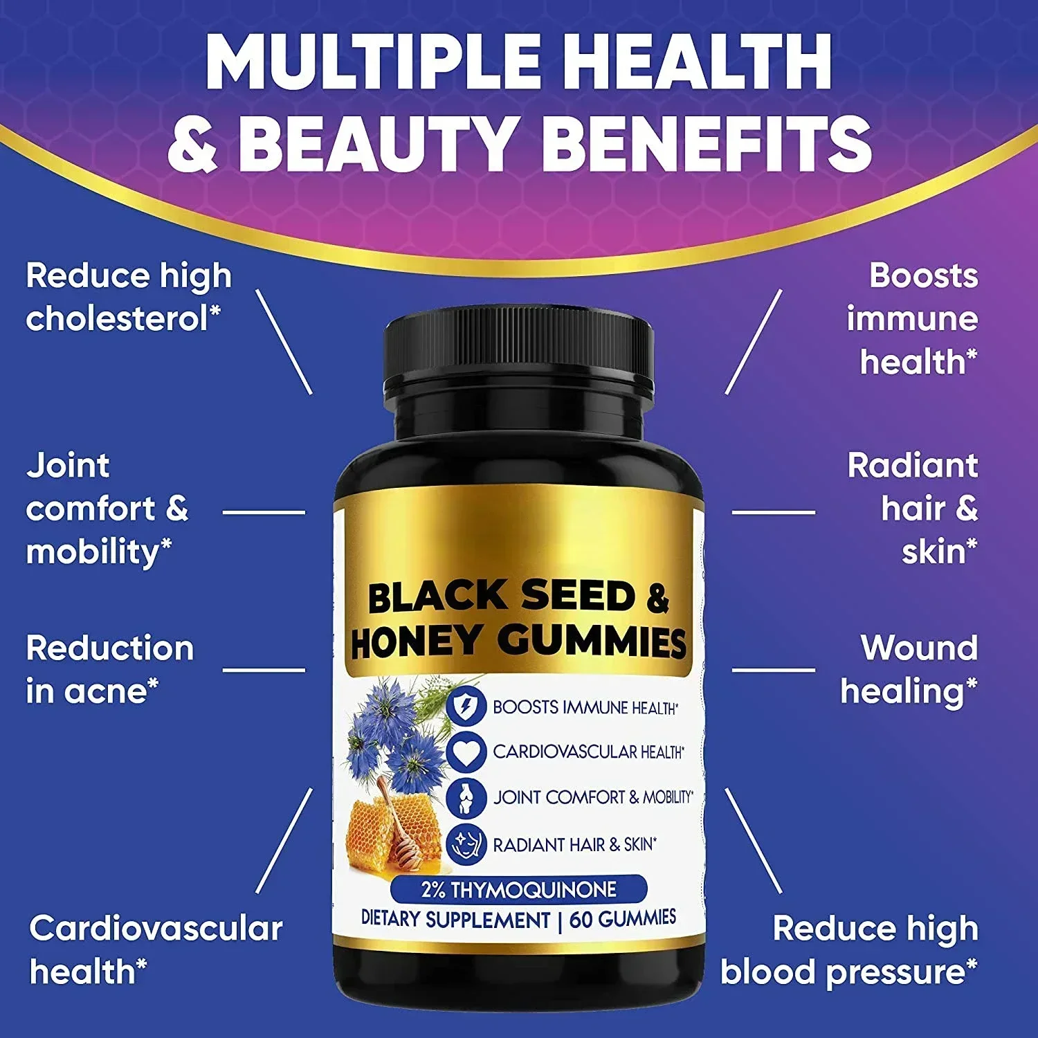 

60 honey black seed oil gummies supplement nutrition improve cardiovascular health and increase energy