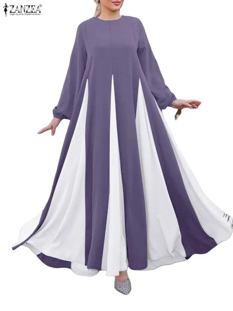 ZANZEA Modest Hijabs Maxi Lange Kleider Frauen Muslimische Mode Kontrast-Farbe Patchwork A-Line Swing Kleid Oansatz Langarm Roben