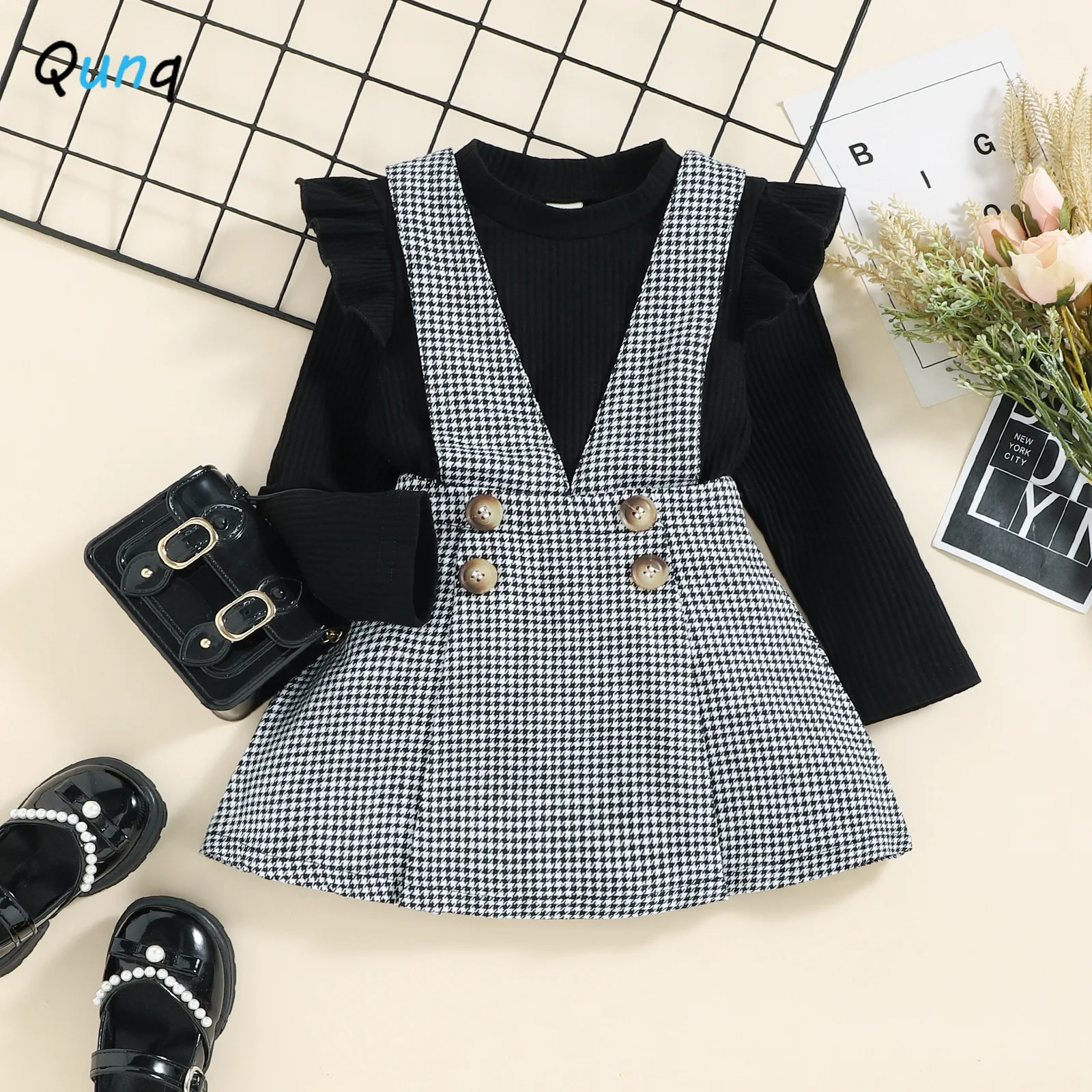 Qunq Autumn New Girls Long Sleeve Pullover Top + Thousand-bird Plaid Suspender Dress 2 Pieces Set Causal Kids Clothes Age 3T-8T