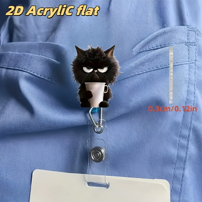 1pc cute teacup black cat retractable badge clip, 2D acrylic with durable nylon cord, suitable for office workers, nurses