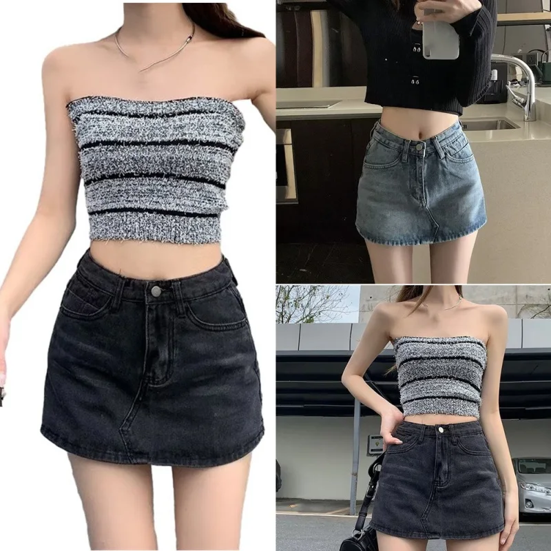 Anti-glare Denim Bustier Women Cover Crotch High Waist A-line Bustier Thin Shorts Skirt