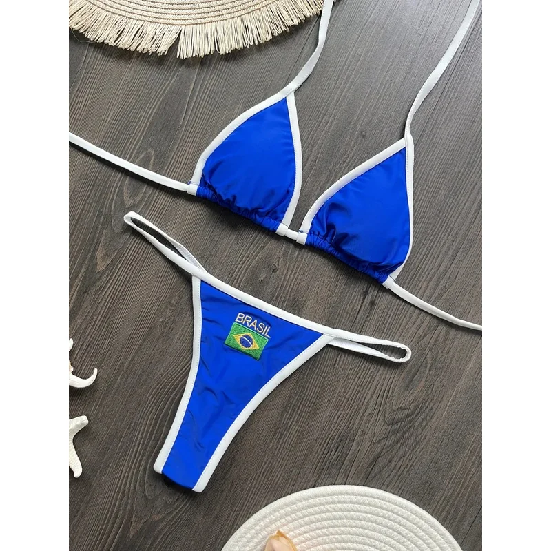 2026 Fashion Embroidery Brasil Flag Contrast Split Bikini Set Women Swimwear Patchwork Swimsuit Hottie Outfit SummerBeachwear - Image 5