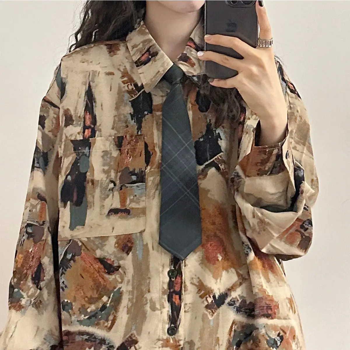 Women\'s Loose Oil Painting Long Sleeved Shirt American Retro Trendy Brand Hong Kong Style Casual Thin Jacket Polo-neck Hipster