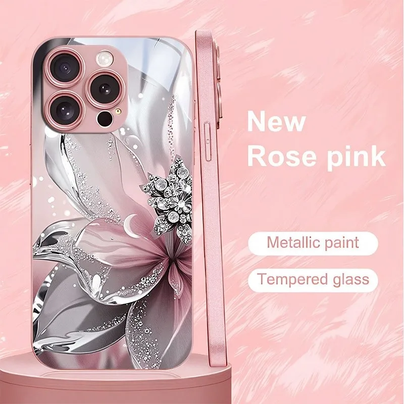 

Silver Textured Flowers Pattern Pink Metallic Glass Phone Case For iPhone 11 12 13 14 15 16 17 Pro Max 15 Plus 17 Air 16E Cover