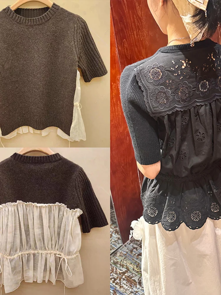 

Ele Knitted Fi Tail Ba Splicing Hollow out Embroidery round Ne Women's Sweater Faionable French Sle Slim Fit Wo...