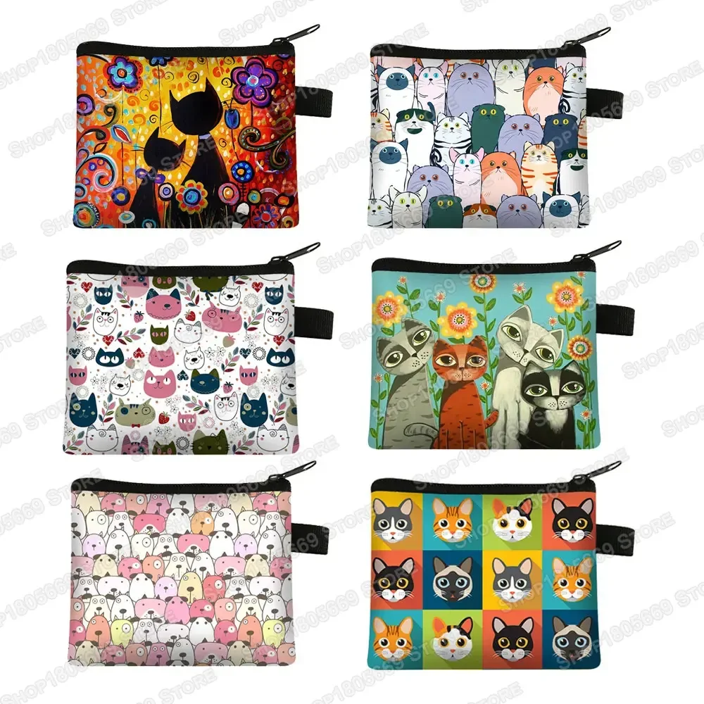Porte-monnaie imprimé chat mignon pour femme, portefeuilles chaton de dessin animé, mini sac d'argent décontracté, carte d'identité, carte de crédit, clé, porte-écouteurs, cadeau