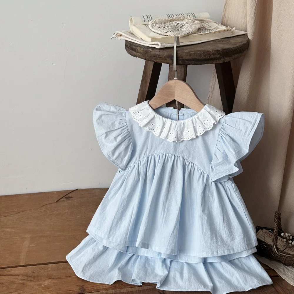 2026 Summer New Baby Cotton Clothes Set Sweet Princess Flying Sleeve Lace Collar Tops + Tiered Shorts 2pcs Suit Girls Outfits