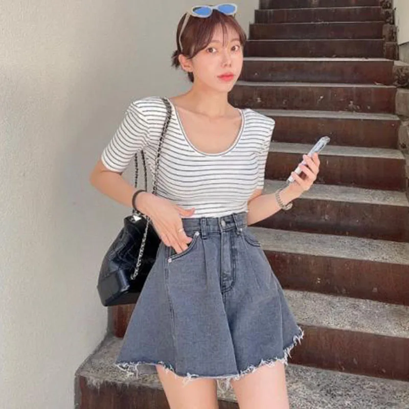 

Retro High Waist Single Button Double ket Loose Wide Leg Jeans orts Women's Summer Faion Chic Light Waed Denim orts