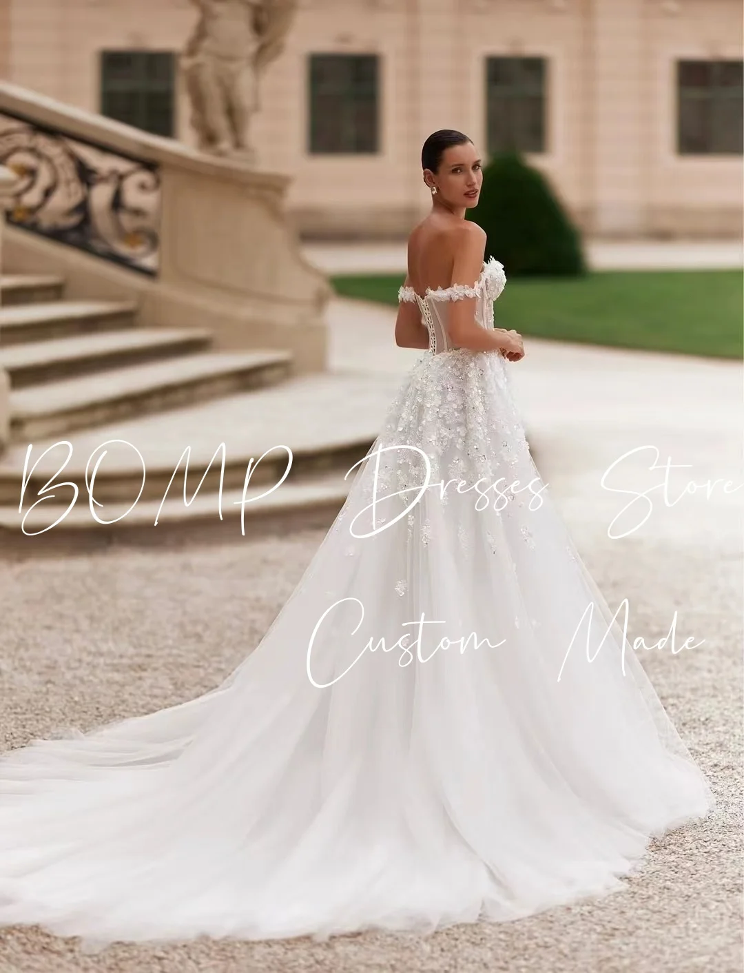 BOMP فستان زفاف أنيق مزين على شكل قلب بدون أكتاف ذيل ملكي عاجي تول فستان زفاف كلاسيكي مخصص رداء de mariée
