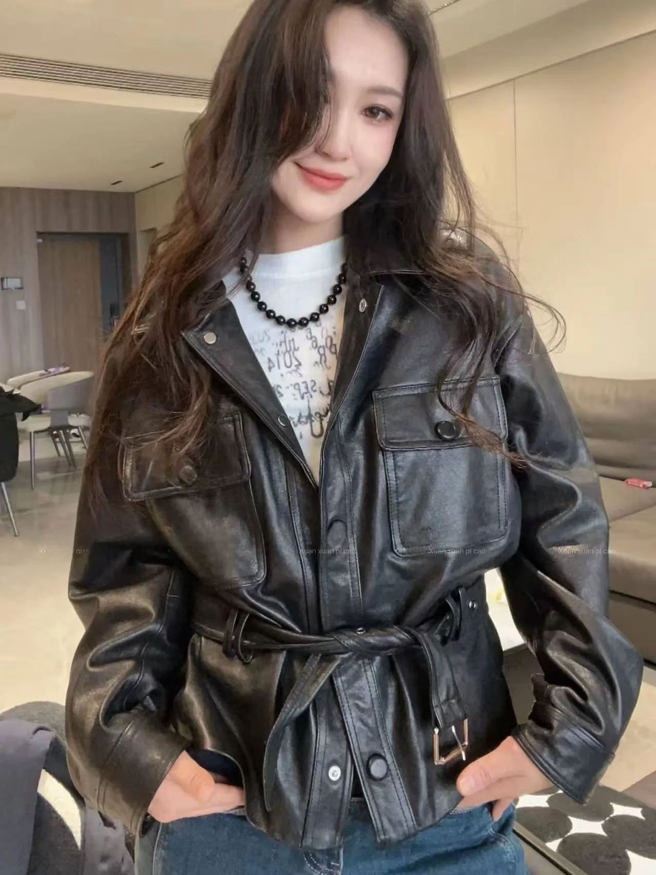 

Ning 2026 New Sle Women's Leather Jaet Premium Feel Small Size Genuine eepskin Long Sve Zipper Closure Coat