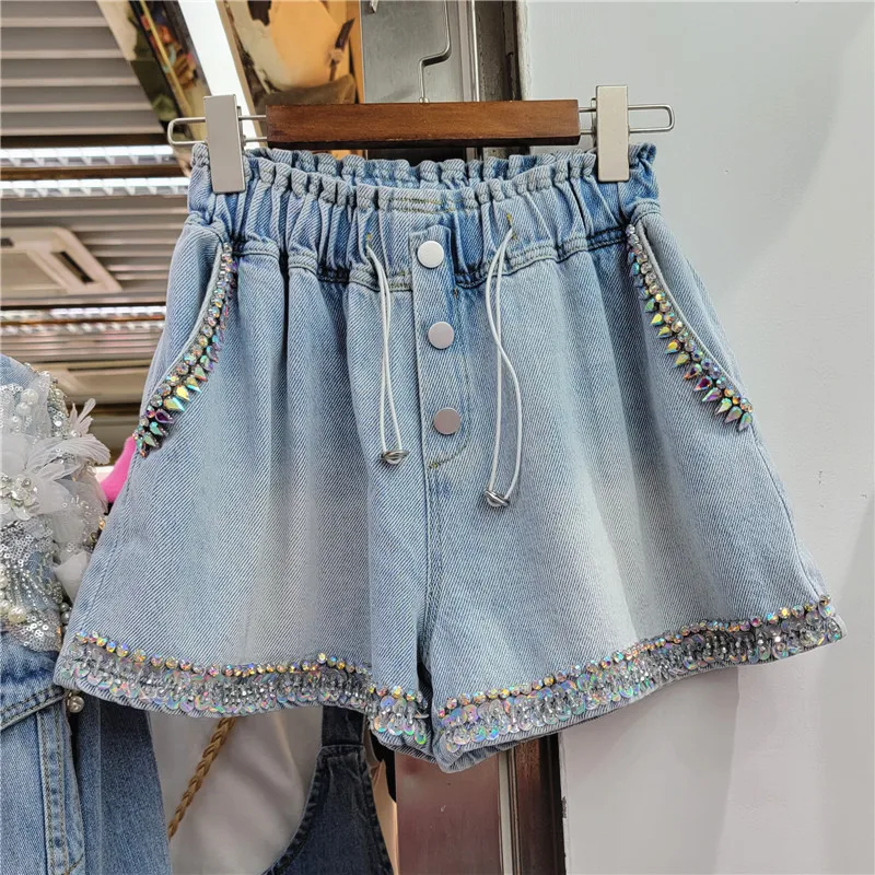 

2024 Summer New Heavy Industry Diamond Studded Bead High Waist Slimming Wide Leg Denim Shorts Women LX213