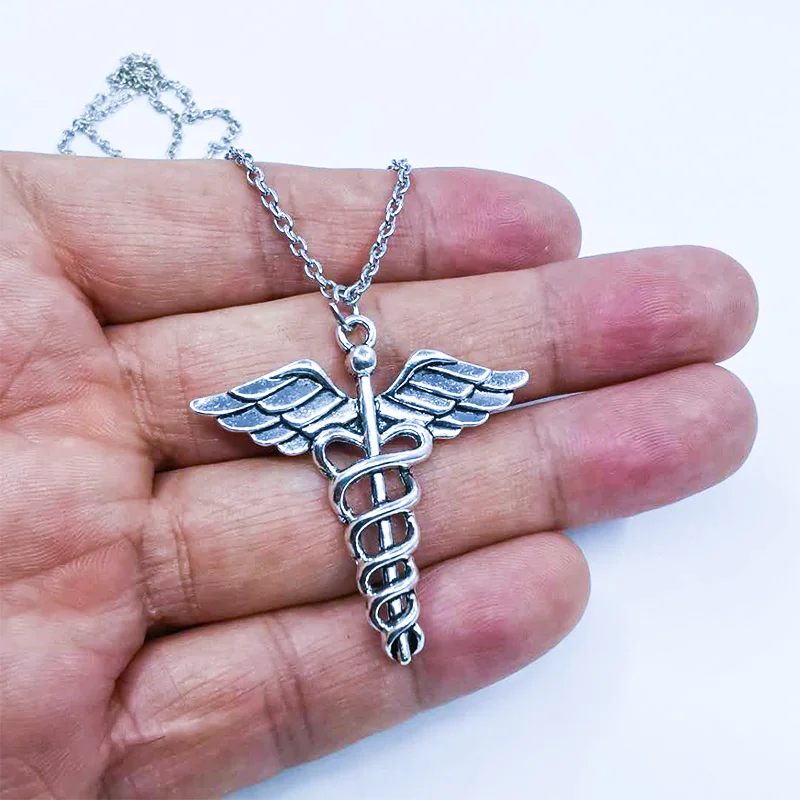 Vintage Caduceus Necklace Angel Wings Pendant for Women Men Fashion Halloween Jewelry