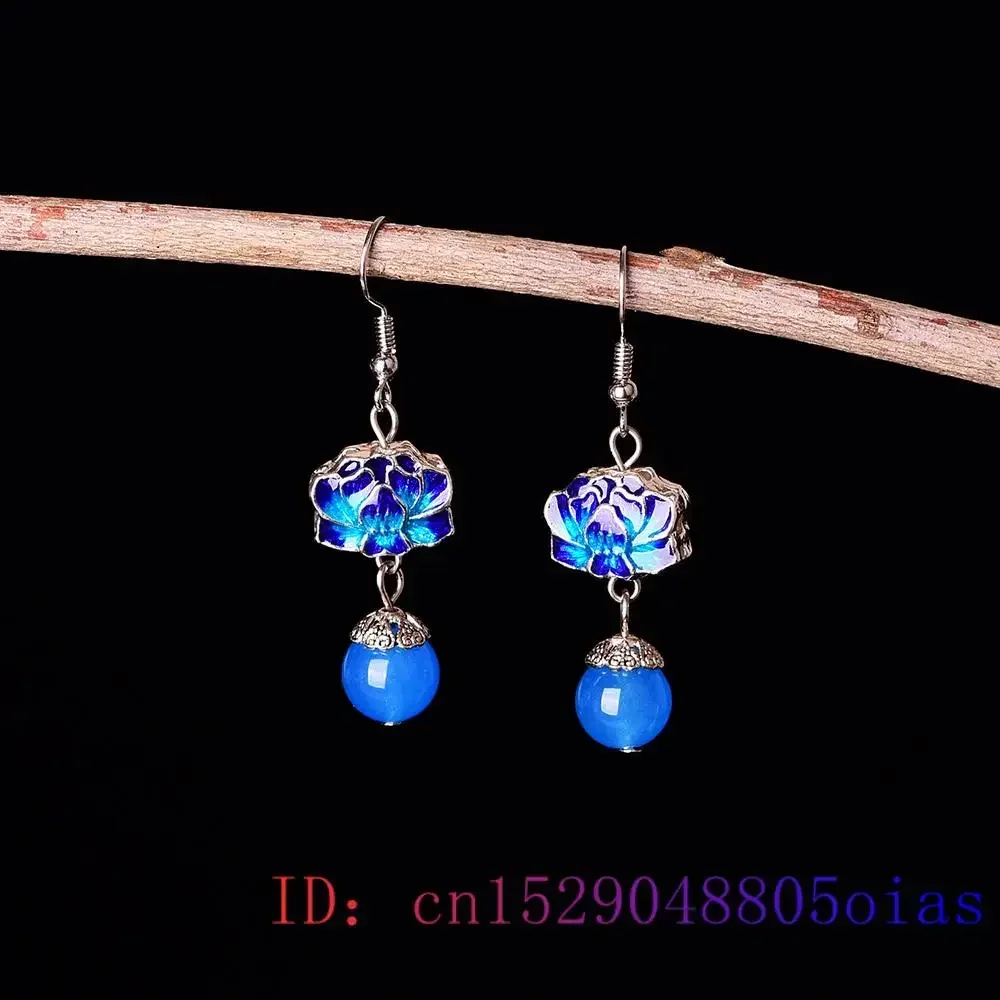 Blue Jade Flower Earrings 925 Silver Amulets Chalcedony Charms Real Drop Jewelry Accessories Gemstones Natural Women Designer