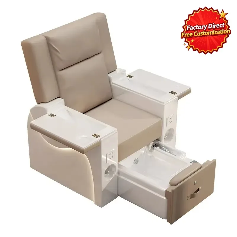 Contemporary Beige Pedicure Chair, Drawer Type Foot Bath Station with LED Light Strip, Modern Nail Salon Furniture